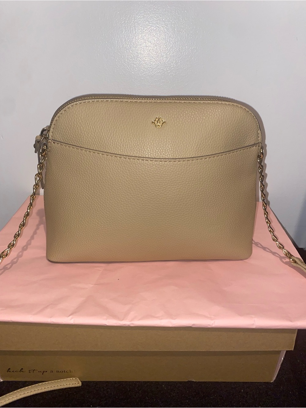 Nanette Lepore Pebbled Leather Crossbody in Beige with Gold Chain